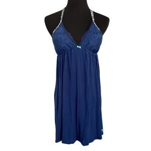 Victorias Secret Animal Print Sexy Nightgown Racerback Blue Lace Slip Dress M